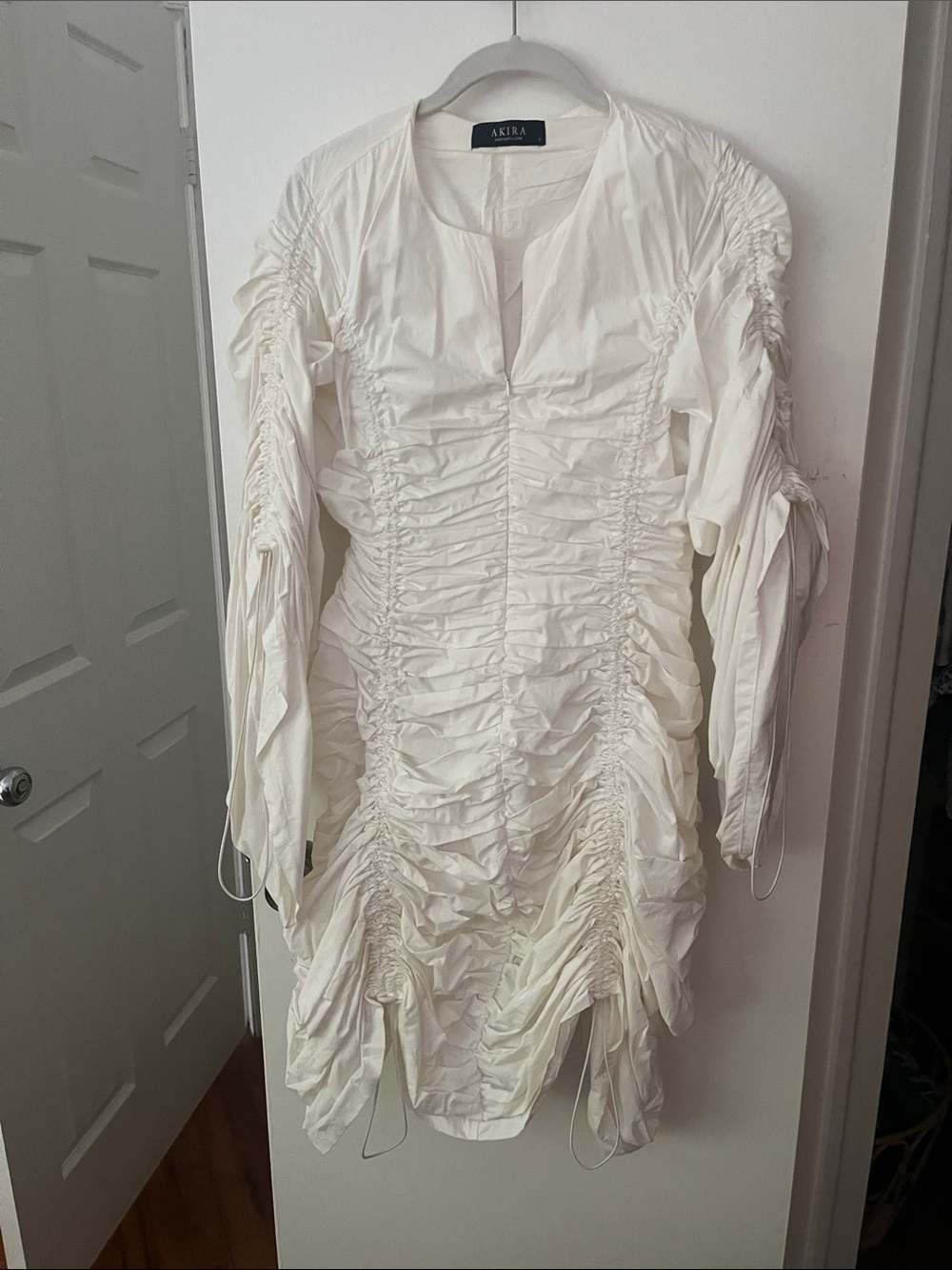 AKIRA White Ruched Long Sleeve Mini Dress